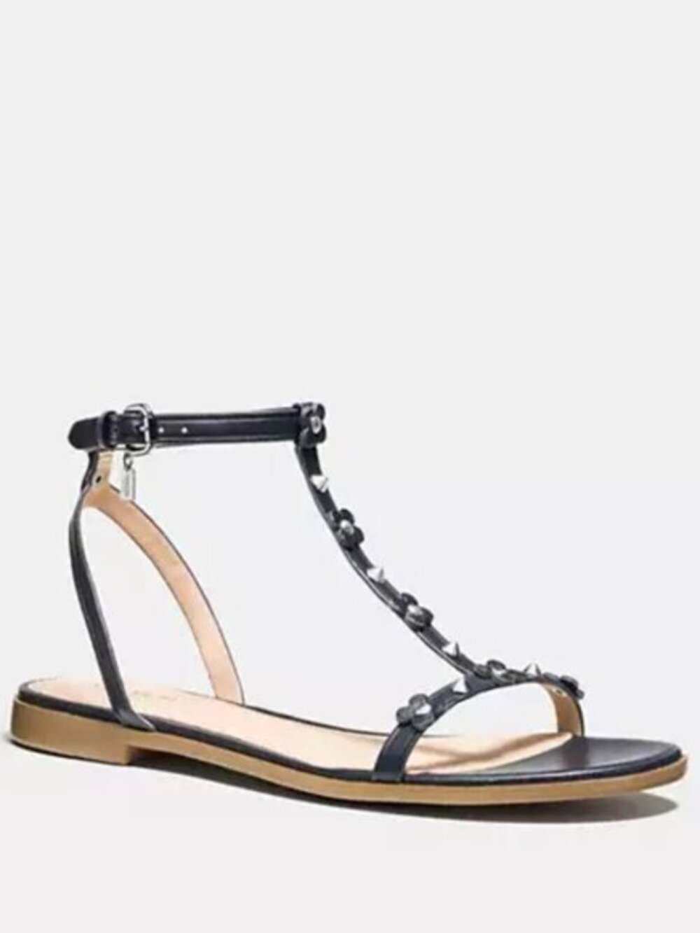 Coach Henriette Floral Rivets Flat Sandals | Navy Leather with Die-Cut Appliqués